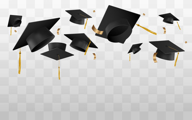 Graduation caps in the air vector template isolated on transparent.
