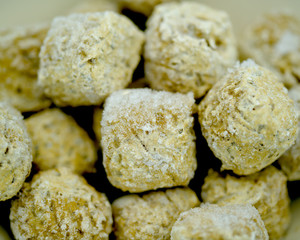 Dish of frozen vegetarian meatballs