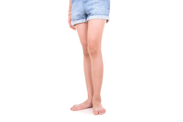 Girl leg gestures isolated over the white background.