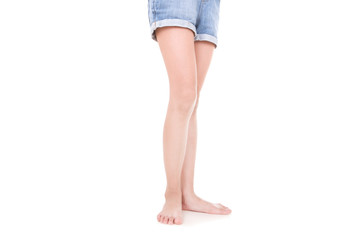 Girl leg gestures isolated over the white background.