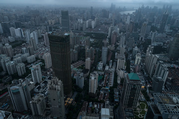 Aerial view of business area and cityscape in the dawn, West Nanjing Road, Jing` an district, Shanghai
