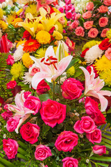 Close-up florist shop shelves with fresh flowers.