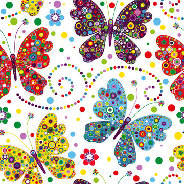 Seamless pattern with colorful butterflies and  flowers