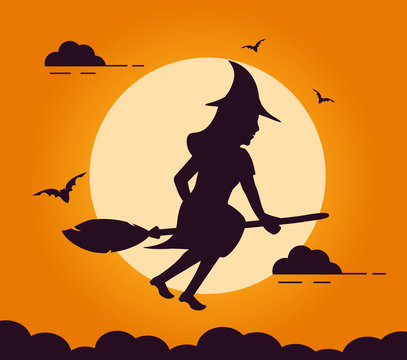 Witch flying silhouette on broomstick background of a full moon. Holiday Halloween bat flat vector.