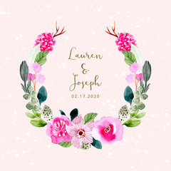 wedding badge with pink flower watercolor