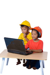 Asian children wearing safety helmet and thinking planer isolated on white background. Kids and education concept