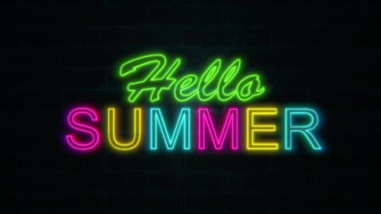 Hello Summer text in multicoloured neon lights flickering on brick wall. Holiday and travel theme concept. Travel background.  - Powered by Adobe