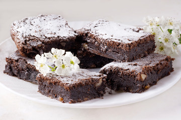 Delicious chocolate cake on a white plate on a white table. Homemade pastries. Traditional American...