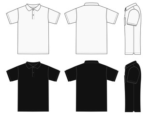 Polo shirt (golf shirt) template illustration ( front/ back/ side ) / white& black. No pockets.