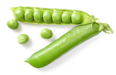 fresh pea pods isolated on white background, top view