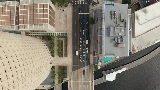Straight Down Aerial Flying Over Downtown Buildings And Bridge Tampa