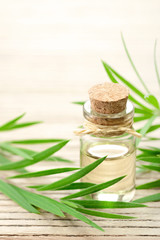 Tea tree essential oil in the galss bottle, on the wooden board