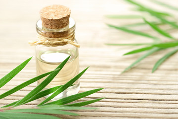 Tea tree essential oil in the galss bottle, on the wooden board