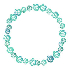 Round frame of flowers, roses and curls. Watercolor drawing with a contour stroke on a white background, for the design of invitations, cards, greetings, announcements