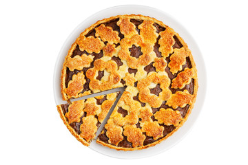 Homemade pie with cottage cheese and prunes isolated on white