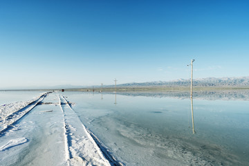 Fototapeta na wymiar Railway tracks in chaka salt lake