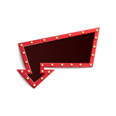 Retro red frame in form of arrow with shining light bulbs in realistic style.