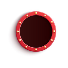 Retro red round frame with shining light bulbs and copy space.