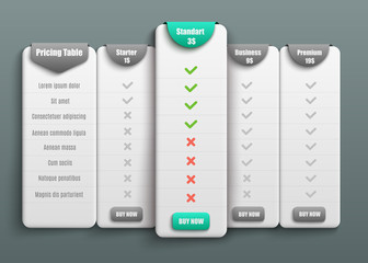 Pricing table for four products or services with description in 3d realistic style.