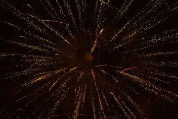 Yellow fireworks exploding on black sky 