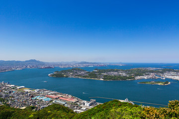 Fototapeta na wymiar 風頭から見た、五月晴れの関門海峡と巌流島と彦島と北九州市街地と日本海