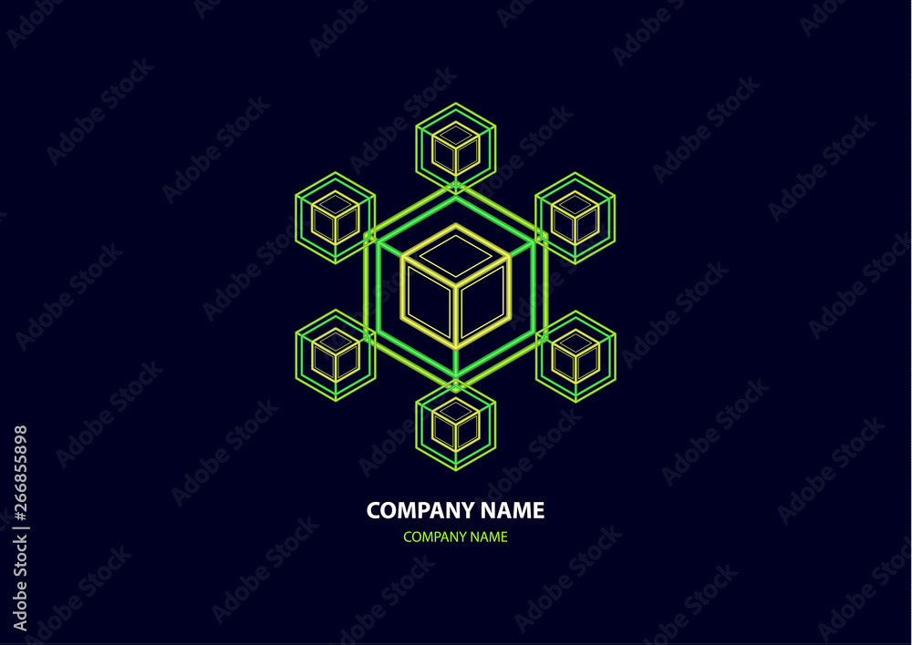 Poster company logo icon design template element. logo in the form of a hexagon, a cube in a cube on a dark