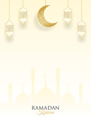 Ramadan Kareem ,Ramadan mubarak background. Design with  moon,  lantern golden on soft background ,light and shadow. paper art style. Vector.