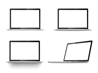 Realistic set of laptops front view and angled position vector isolated on white.