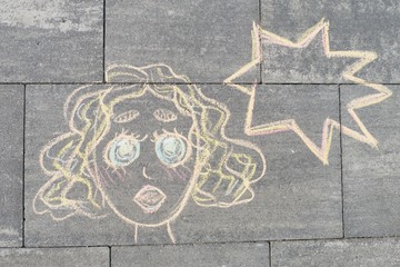 Abstract pop art woman face, picture written on gray sidewalk in crayons