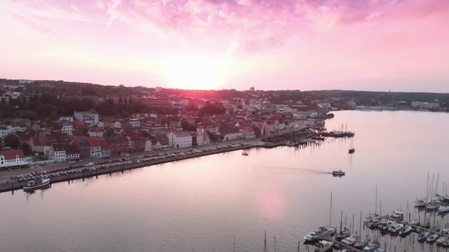 Beautiful sunset at Flensburg. Aerial view of Flensburg fjord. pink sunset.