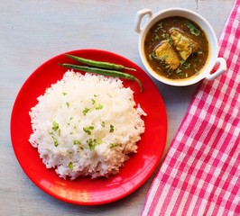 Indian Comfort food, homemade fish curry and white rice