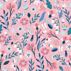 Fototapete Hell-pink nahtloses Muster mit einfachen Blumen