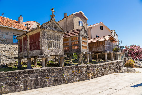 Combarro, Spain. Picturesque traditional granaries of horreo
