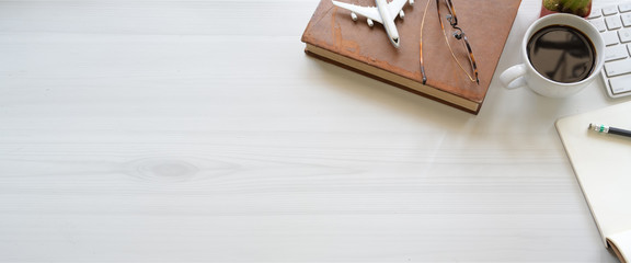 White workspace with copy space and office supplies