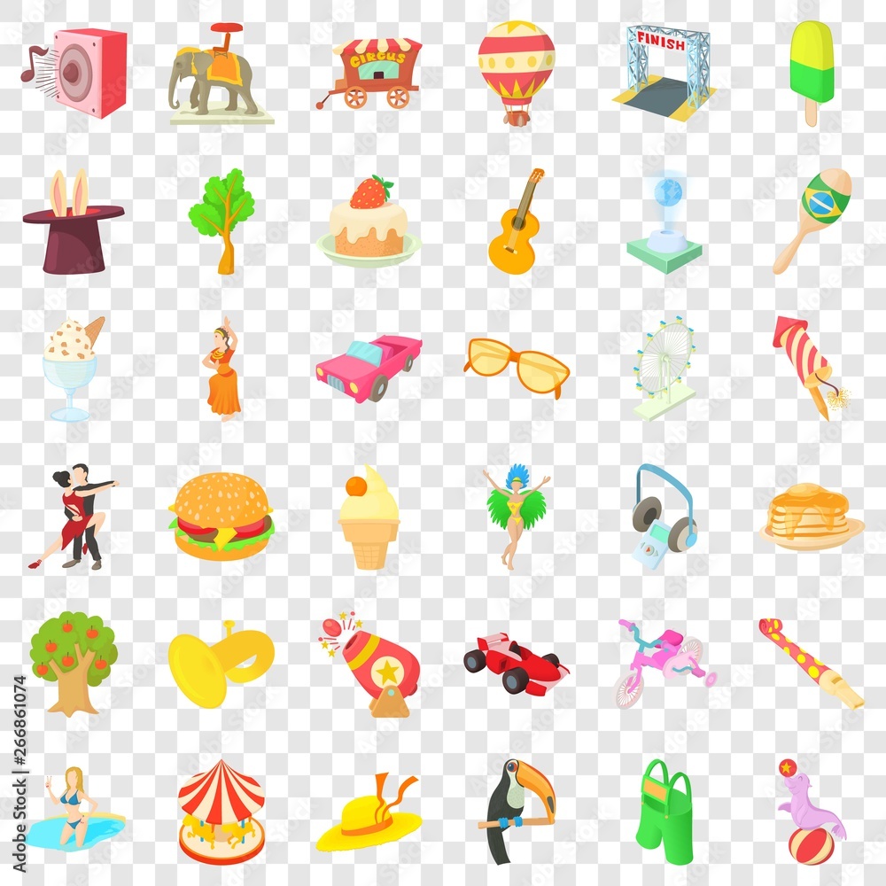 Poster fun amusement icons set. cartoon style of 36 fun amusement vector icons for web for any design