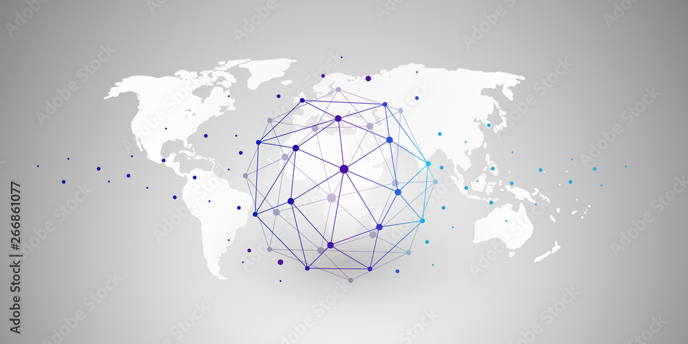 Poster cloud computing and networks concept with wireframe globe - abstract global digital connections, tec