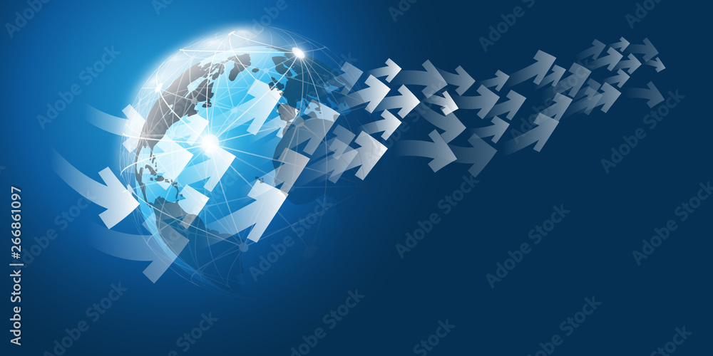 Poster global networks and trading design with arrows and earth globe - vector template for your business