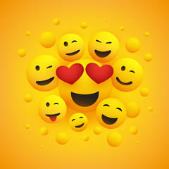 Various Smiling Happy Emoticons with Heart Shaped Eyes in Front of a Yellow Background, Vector Design, Concept Illustration 