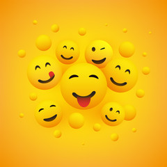 Various Smiling Happy Emoticons in Front of a Yellow Background, Vector Concept Illustration 