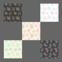 Floral hand-drawn seamless pattern set. Multicolored vector illustration.