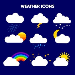 illustration of weather. rain, storm, lightning, snow, sky with stars, rainbow, cloudy, sunset, moon, overcast, sun behind a cloud. Collection of vector clouds. Cartoon clouds set. weather icons