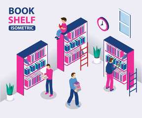 Isometric Artwork Concept of Book Shelf's in a Library