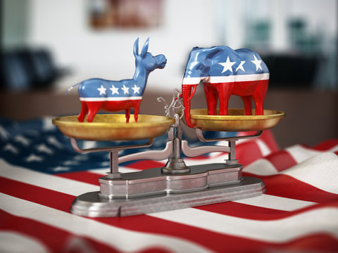 Republican and Democrat party political symbols elephant and donkey on American flag. 3D illustration