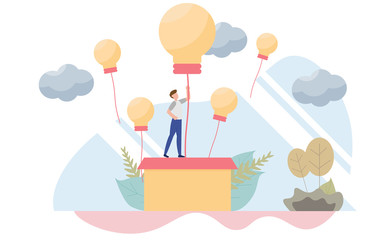 Businessman rising on bulb balloon concept with character.Creative flat design for web banner.