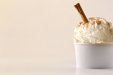 Cinnamon ice cream cup on table isolated close up