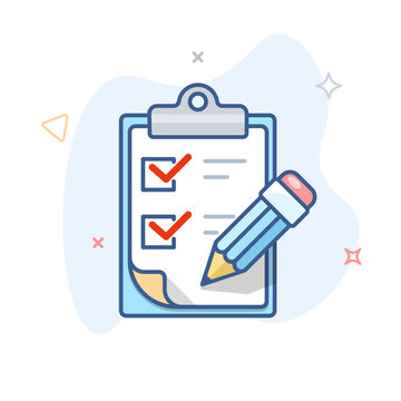 recommend clip art: Vector checklist line icon. Clipboard with survey and pen outline illustration.