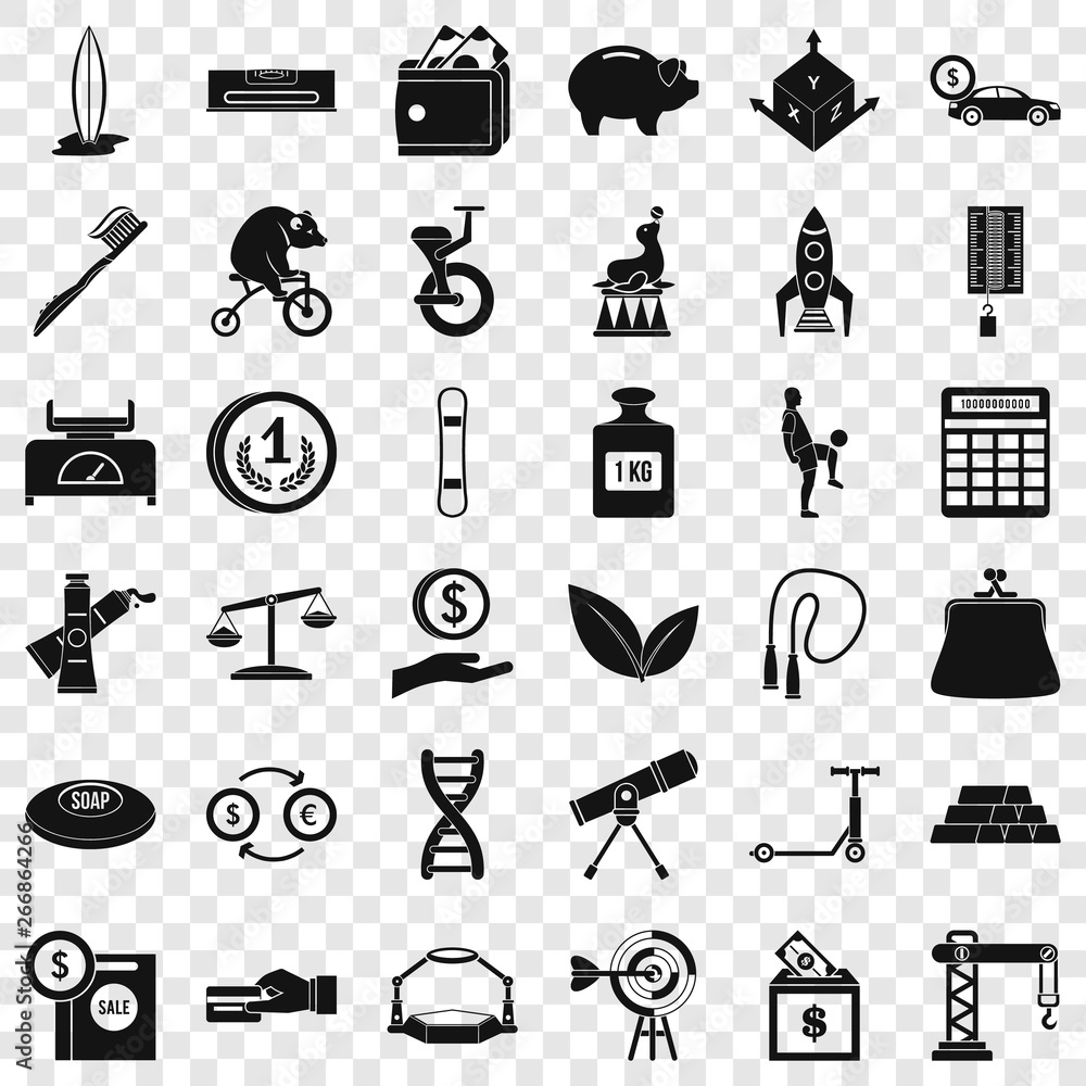 Poster number balance icons set. simple style of 36 number balance vector icons for web for any design