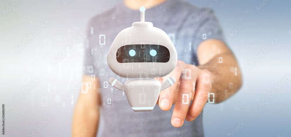 Poster businessman holding chatbot with binary code 3d rendering