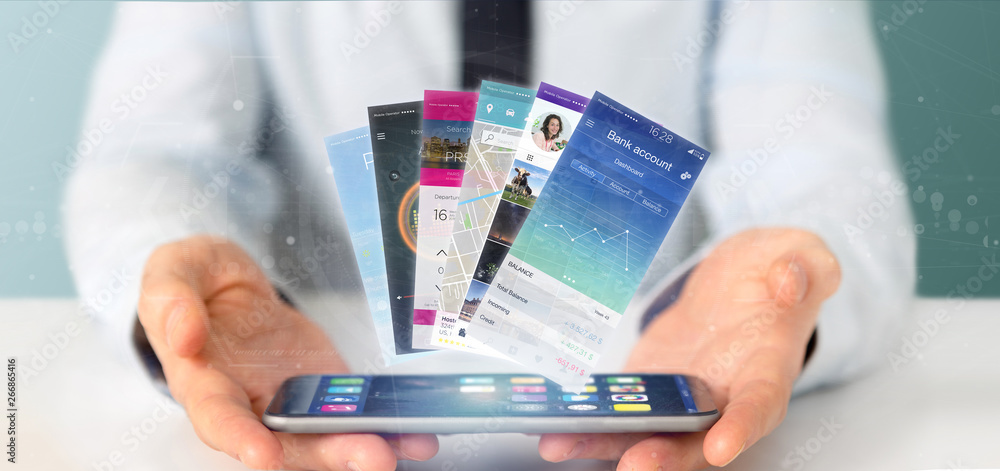Poster businessman holding mobile application template on a smartphone 3d rendering