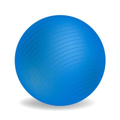 Realistic 3D blue fitness ball with shadow isolated on white background.
